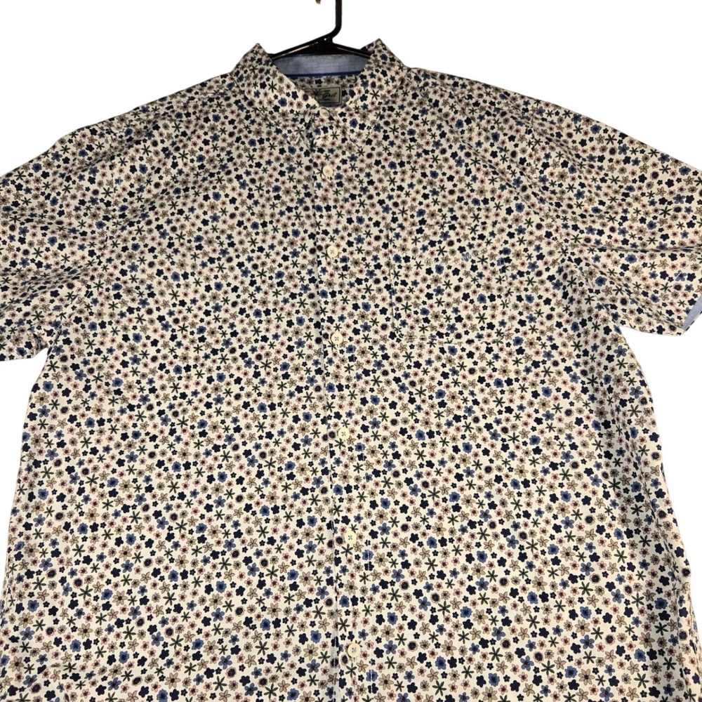 True Grit Mens Large Floral Button Down Shirt Short Sleeve 100% Cotton Blue Tan